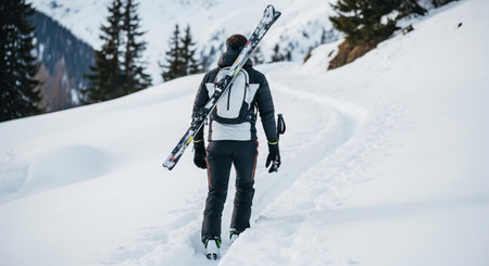 Young man walking on snowy mountain trail carrying skis on sunny winter day. concept of winter sport, outdoor adventure, scenic landscape.の写真素材