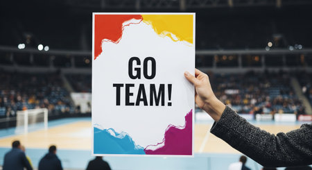 Close-up of a hand holding a motivational sign reading go team at a sports event. concept of team spirit, encouragement, cheering crowd.の写真素材