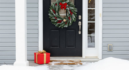 Red gift box sitting on a snowy porch in front of a house door decorated with a Christmas wreath....