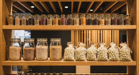 Bulk food display with spices in small jars, grains in large jars, and nuts in cloth bags on a wooden shelf. Sustainable grocery shopping concept.の写真素材