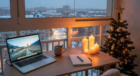 Cozy winter evening with a laptop and candles by the window overlooking a snowy cityscape next to a decorated christmas tree. concept of relaxation, holiday spirit, work-life balance.の写真素材
