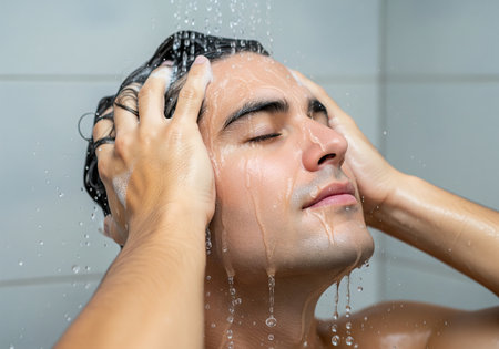 Man washing hair with shampoo in shower, eyes closed, enjoying relaxing moment. Personal hygiene and...