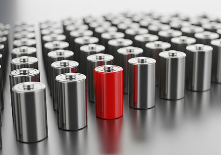 Red battery standing out among many silver batteries. Concept of leadership, innovation, and being unique in a group. Business success metaphor.の写真素材