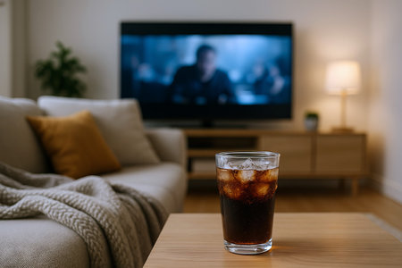 Cozy living room interior with sofa, blanket, and drink on table in front of tv, featuring modern home decor and relaxing atmosphere at home.の写真素材
