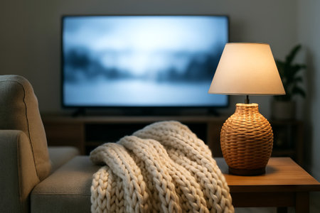 Cozy home theater setup with sofa, knitted blanket, and lamp in living room. concept of comfortable home decor, relaxation, entertainment space, interior design ideas.の写真素材