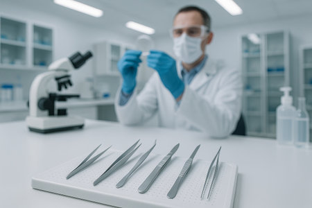 Sterile laboratory instruments including forceps and scalpels in modern scientific research setting. concept of precision tools, clean environment, scientific discovery.の写真素材