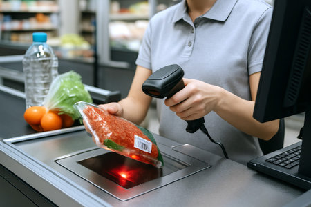 Cashier hands scanning groceries at checkout counter in supermarket with barcode scanner. concept of retail technology, customer service, efficient checkout process.の写真素材
