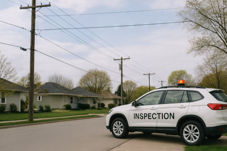 Utility vehicle performing electrical line inspection in residential neighborhood in springtime. concept of safety, utility maintenance, urban infrastructure.の写真素材
