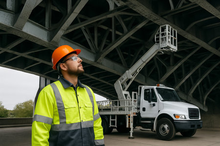 Construction worker inspecting bridge with cherry picker underneath massive steel structure on a...