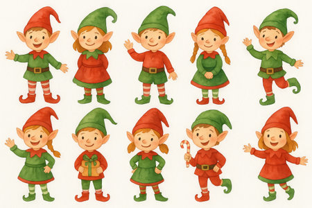 Watercolor christmas elves in red and green outfits for festive holiday decor illustration. concept of christmas celebration, holiday cheer, playful festivity set isolated on white background.の写真素材