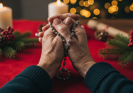 Woman with rosary in praying hands on red tablecloth with candles and Christmas decoration. Religious prayer and devotion concept for Holiday season.の写真素材