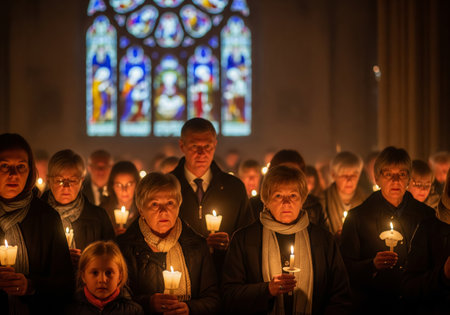 Group of people of various ages, including a woman and a kid, holding lit candles indoors. Concept...
