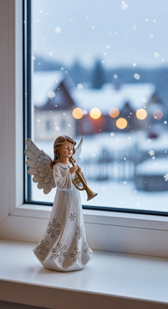 Angel figurine playing a trumpet on a snowy windowsill, winter wonderland scene seen through window for Christmas and holiday season decoration. VERTICAL.の写真素材