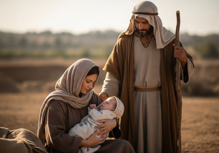 Woman holding a baby and man with a staff, depicting a holy family in an arid landscape. Religious...