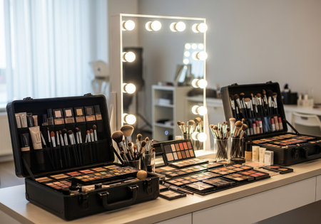 Makeup artist's professional workstation with an illuminated mirror, makeup brushes, and a wide array of cosmetic products. Beauty salon or dressing room setup.の写真素材