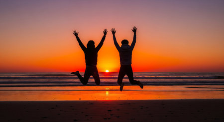 Silhouettes of two friends jumping on beach at sunset with vibrant orange sky. concept of...