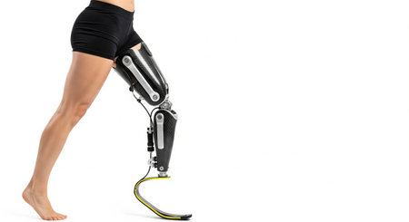 Female athlete with advanced prosthetic legs isolated on white background. concept of athleticism,...