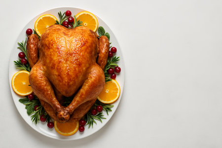 Festive turkey feast with citrus and cranberry garnish on elegant white plate. concept of thanksgiving celebration, classic holiday meal, traditional family dinner, copy space.の写真素材