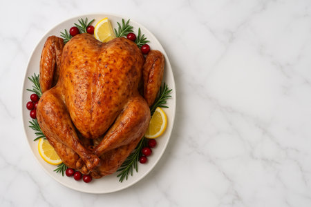 Festive turkey on tabletop with lemon and herb garnish for thanksgiving celebration. concept of holiday feast, delicious cooking, culinary tradition, copy space.の写真素材