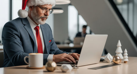 Caucasian man in santa hat working with laptop. Busy businessman at work during Christmas period. Holiday office concept for deadline.の写真素材