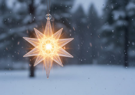 Illuminated star decoration hanging in window with falling snow outside. Winter holiday and Christmas concept. Cozy atmosphere at home during snowfall.の写真素材