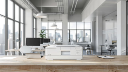 Sleek contemporary printer in modern office environment with wireless capabilities concept of office...