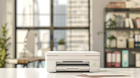 Modern office printer on a light table with minimalist decor and large sunny windows in a...