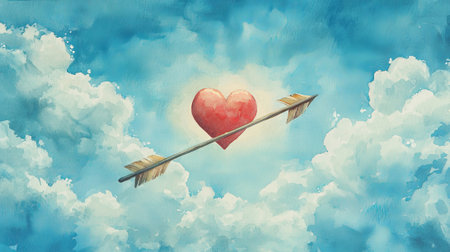 Watercolor Art of a Heart Pierced by an Arrow in a Cloudy Sky. Concept of Love, Romance, Emotional Symbolism, Dreamy Fantasy Illustration. Copy space.の写真素材