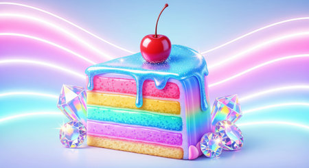 Colorful rainbow cake slice with glitter icing and cherry topping surrounded by shimmering diamonds....