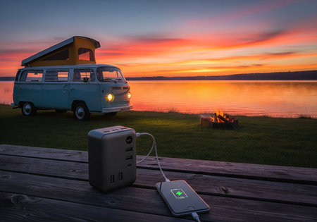 Power bank charging a phone on a picnic table at sunset with a camper van and campfire by a lake,...