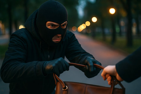 Robbery on alley depicting masked figure snatching a bag in dimly lit urban scene. concept of crime, urban danger, safety awareness.の写真素材