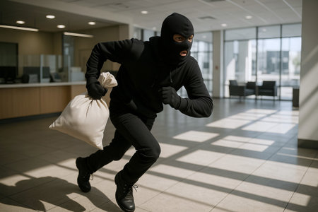 Bank robbery scene with masked thief running inside modern bank lobby carrying large bag. concept of crime, action-packed suspense, heist drama, financial crisis.の写真素材