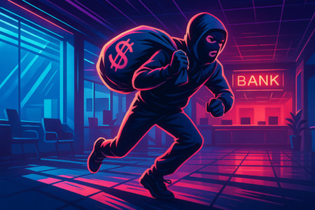 Neon-style bank heist with masked robber in futuristic atmosphere illustration. concept of crime, heist, modern graphic design.の写真素材
