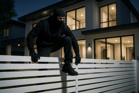 Masked burglar in black climbing over a white fence in suburban neighborhood at night. concept of crime, burglary, residential security.の写真素材