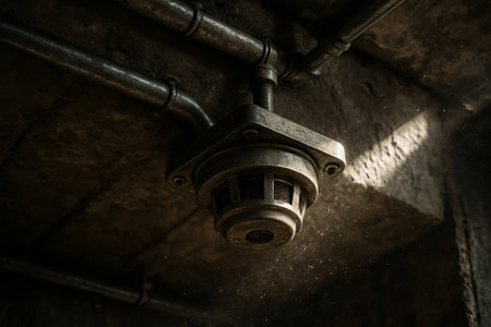 Industrial smoke detector in grungy setting for safety and surveillance in industrial environments. concept of protection, industrial safety, security systems.の写真素材