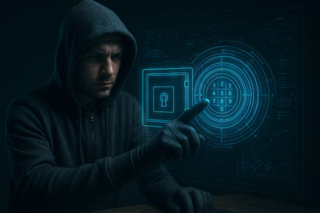 Virtual hacker in hoodie interacting with futuristic digital security interface for cybersecurity...