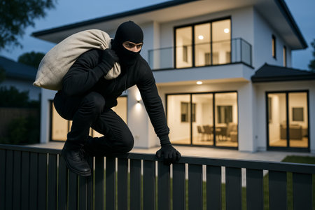Burglar in black outfit jumping over fence with stolen goods at night in suburban neighborhood. concept of theft, crime, security, intruder alert.の写真素材