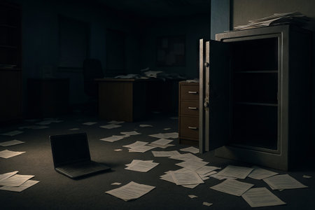 Dark empty office with open safe and scattered papers at night symbolizing chaos and mystery. concept of office break-in, nighttime intrusion, unresolved investigation.の写真素材