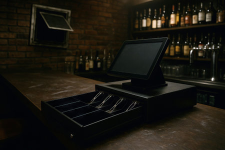 Dimly lit bar interior with open cash register surrounded by bottles and brick decor shelves.