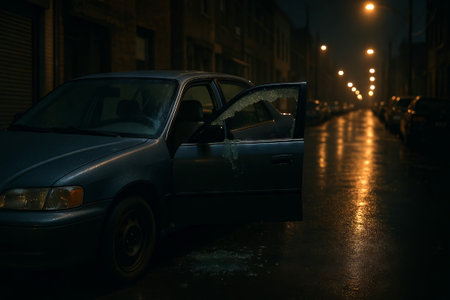 Nighttime car accident scene with damaged vehicle on dimly lit rainy street. concept of urban traffic incident, vehicle damage, road safety awareness.の写真素材