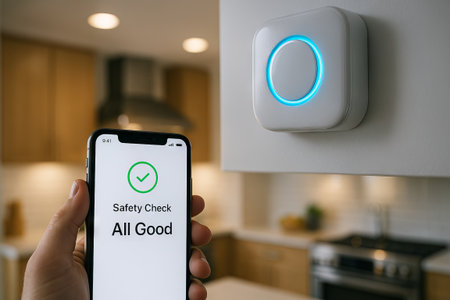 Smart smoke alarm and mobile app for home safety check in modern kitchen environment. concept of...