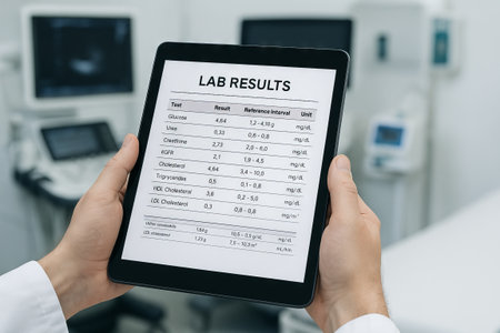 Hands holding a tablet displaying lab results in a medical facility. concept of healthcare technology, medical diagnostics, patient information.の写真素材