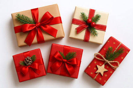 Festive christmas gift sets with red ribbons and pine decorations on white background. concept of...