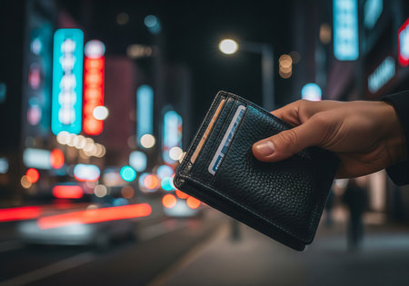 Man holding a black wallet with credit card at night in a city street. Financial payment and spending concept with blurry urban lights.の写真素材