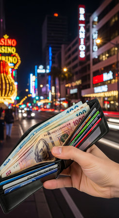 Man holding open black wallet full of money, credit card and debit card on a city street background at night. Financial concept of wealth and payment. VERTICAL.の写真素材