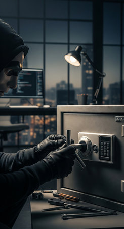 Hacker breaking into a safe with tools, concept of cybersecurity breach, data theft, and digital crime. VERTICAL.の写真素材