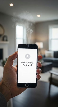 Man holding smartphone with smoke alarm activated notification, with smoke coming from phone in...