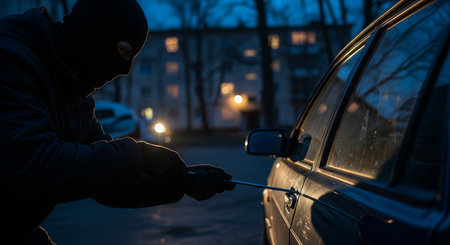 Man wearing a balaclava trying to break into a car with tool at night. Concept of car theft, crime, and insecurity.の写真素材