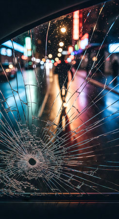 Broken car window with night city lights in the background. Concept of accident, damage, or street...