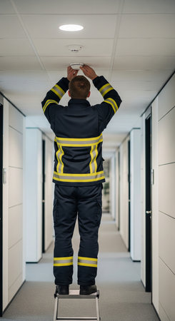 Man firefighter on a stool installing a smoke detector on the ceiling in a long hallway, symbolizing...